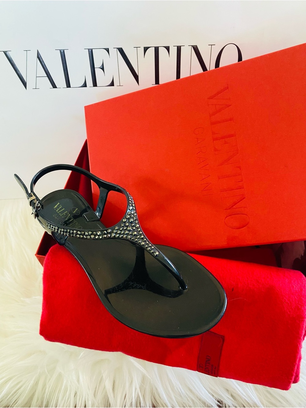 Valentino Garavani Black Rubber
Crystal Embellished Slingback
Sandals Authentic